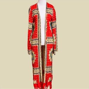 Band of Gypsies red /multicolored print long fringed kimono duster